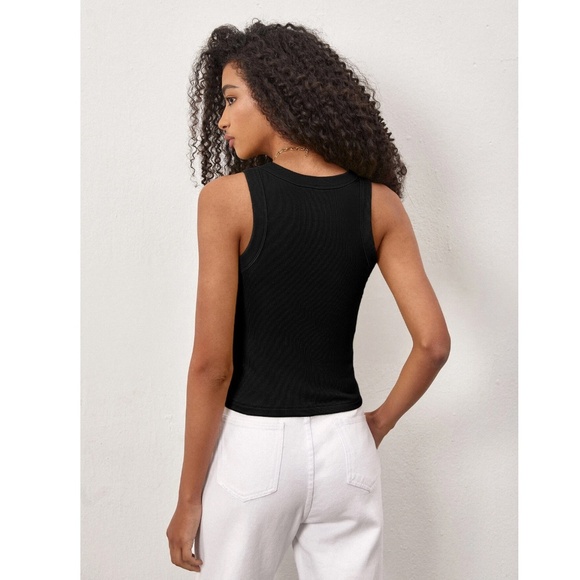 Black Tank Top Racerback Round Neck Slim Fit Stretchy Basic - Picture 5 of 9